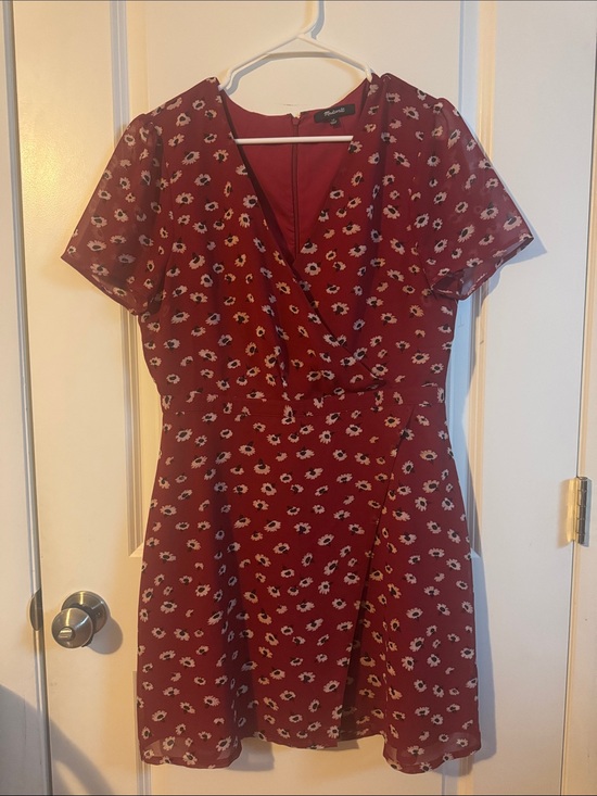 Madewell Dresses & Skirts - Madewell Wrap-Front Mini Dress sheer sleeves red Floral Size 10 cottagecore